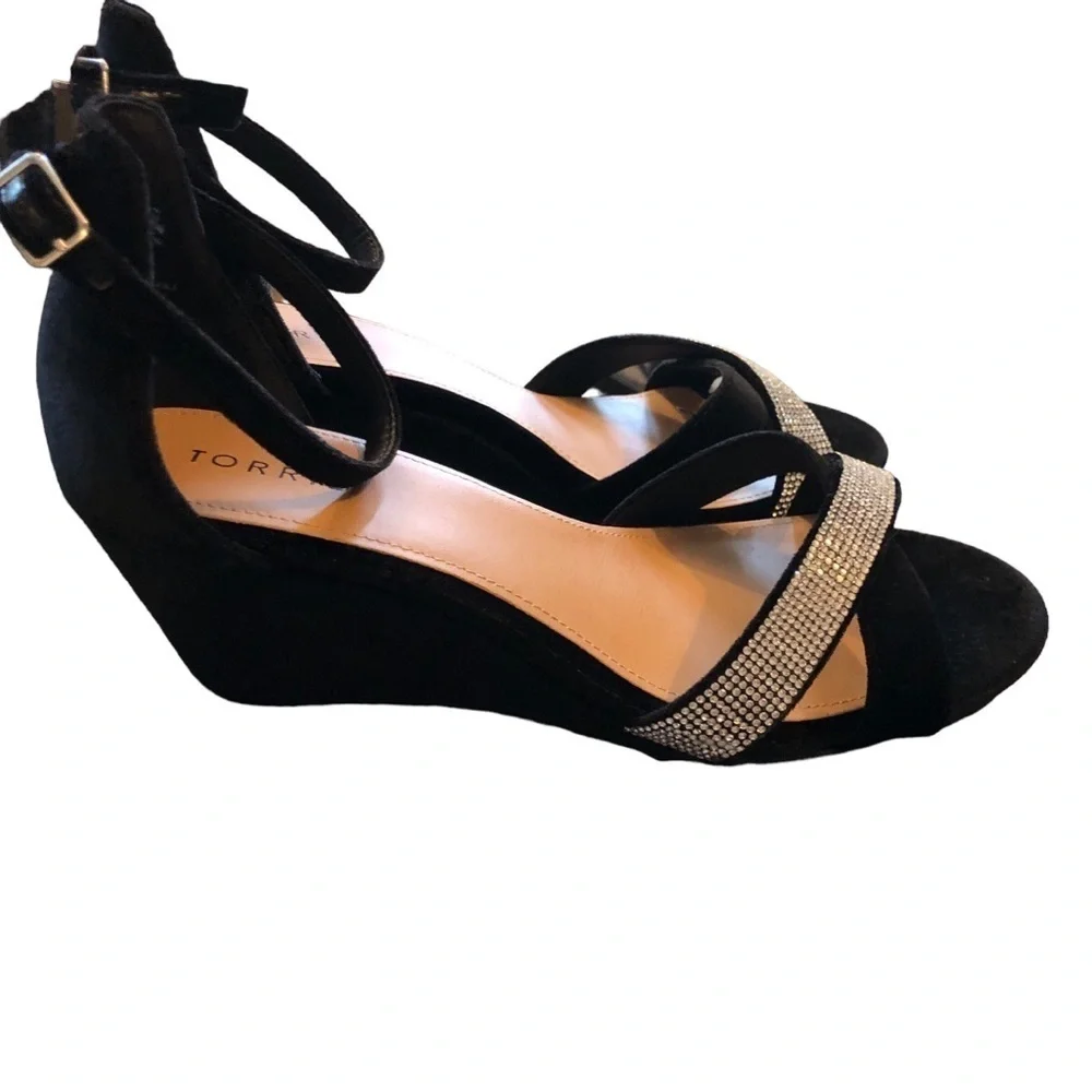 Torrid Rhinestone Demi Wedge Sandal Sz 9.5W Black Velvet Dressy Cocktail Party